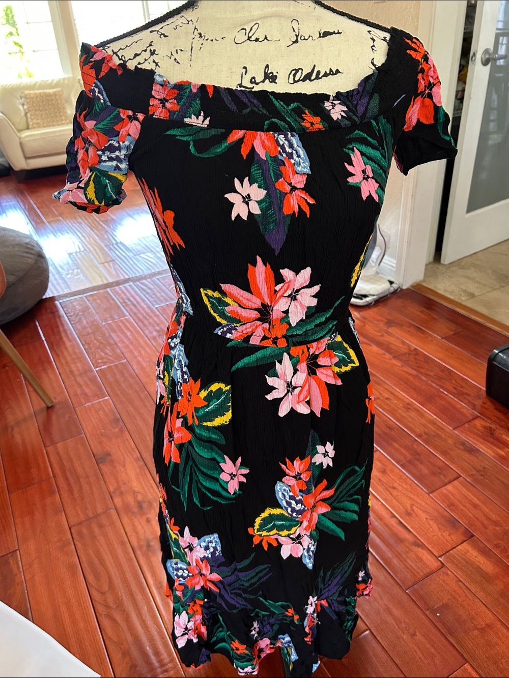Old Navy Black One-Shoulder Floral Midi Dress with Pink, Orange & Green Accents